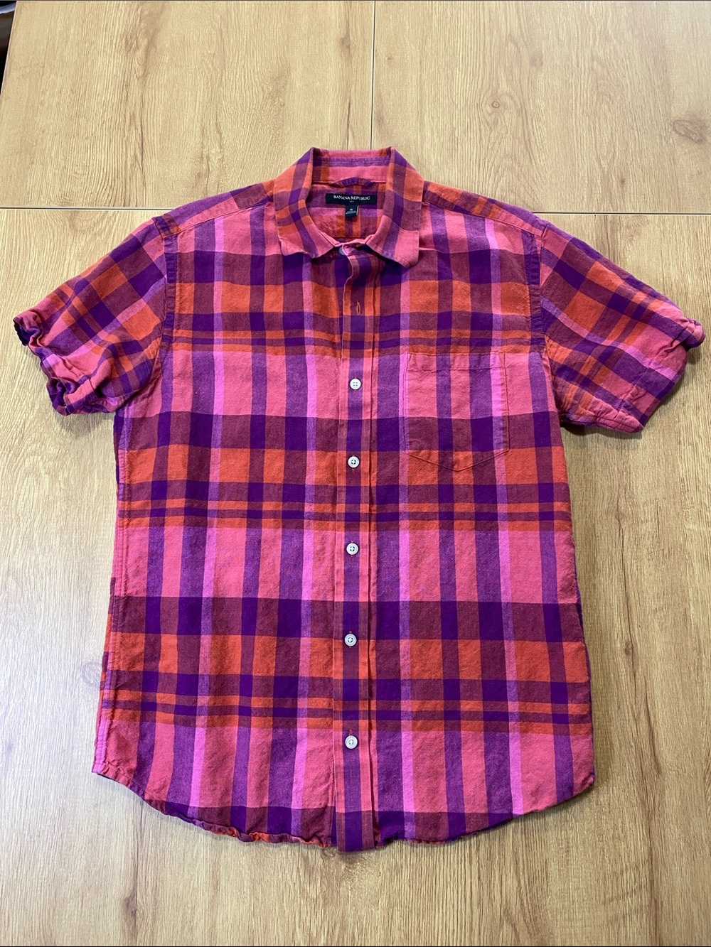 Banana Republic Pink and Orange Plaid Short-Sleeve Button-Down